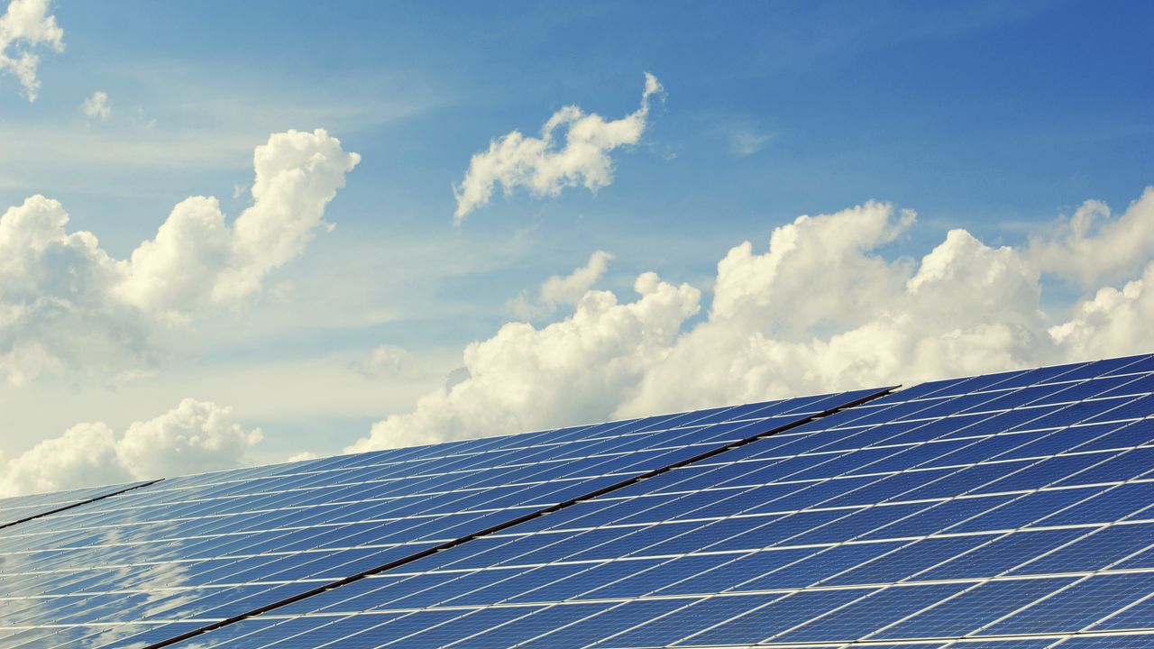 A large array of solar panels standing under a blue sky, illustrating how long solar panels last